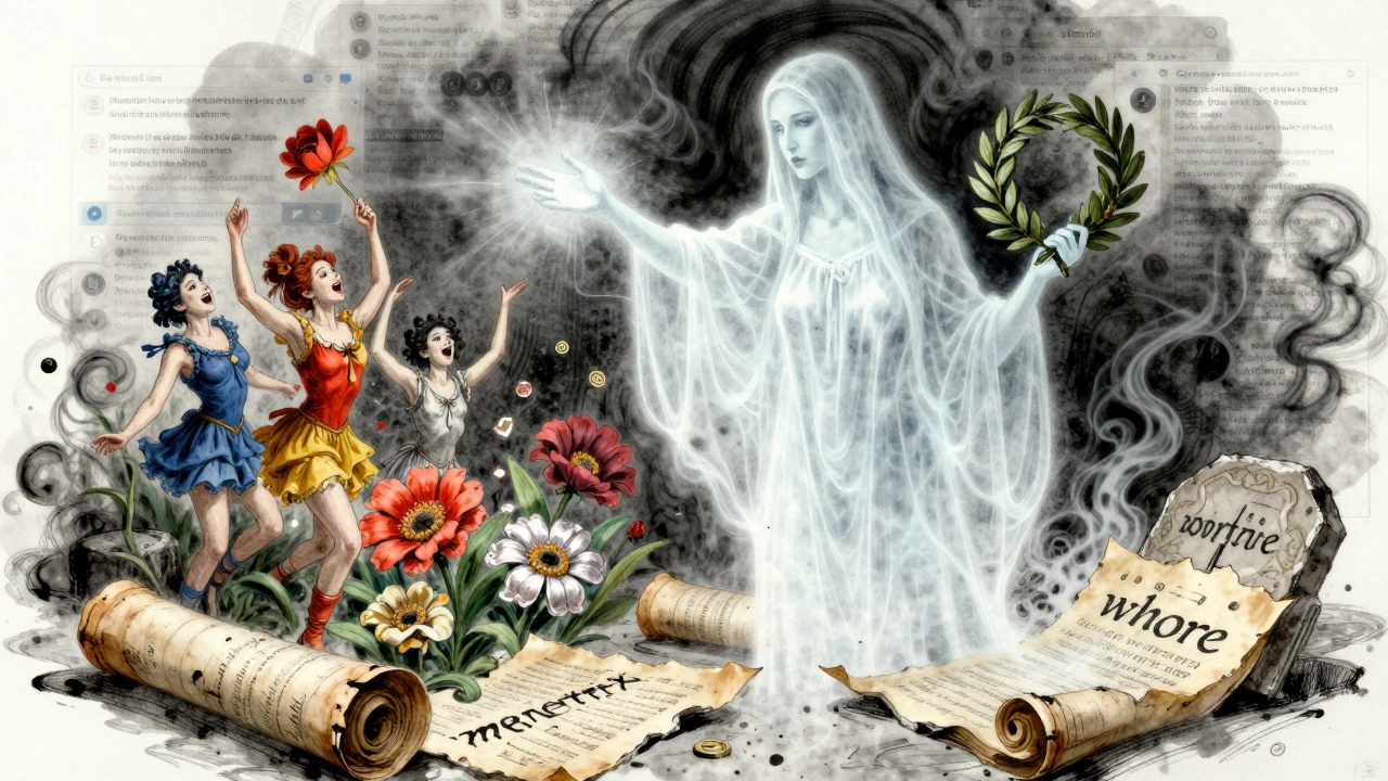 A ghostly Lycoris emerging from ancient myths, surrounded by living performances as false labels dissolve into smoke.