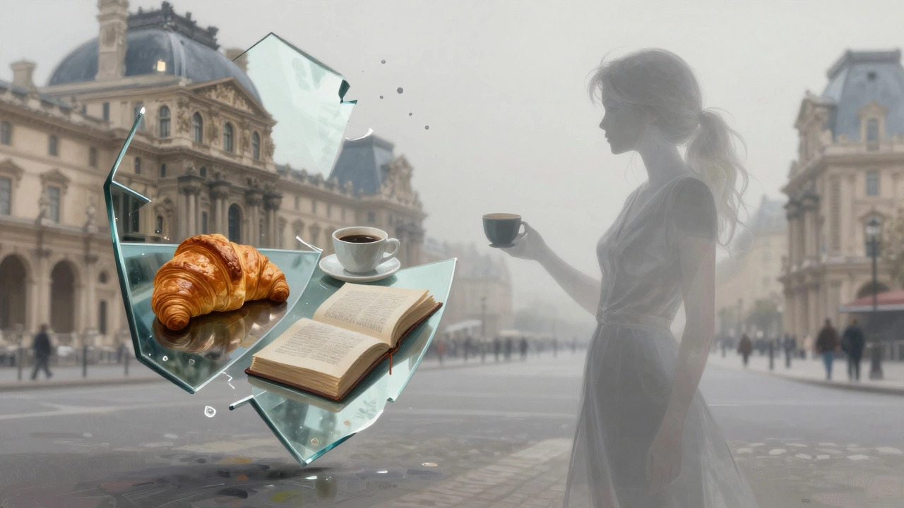 A symbolic silhouette beside a mirror reflecting cultural icons of Paris, representing companionship beyond transaction.