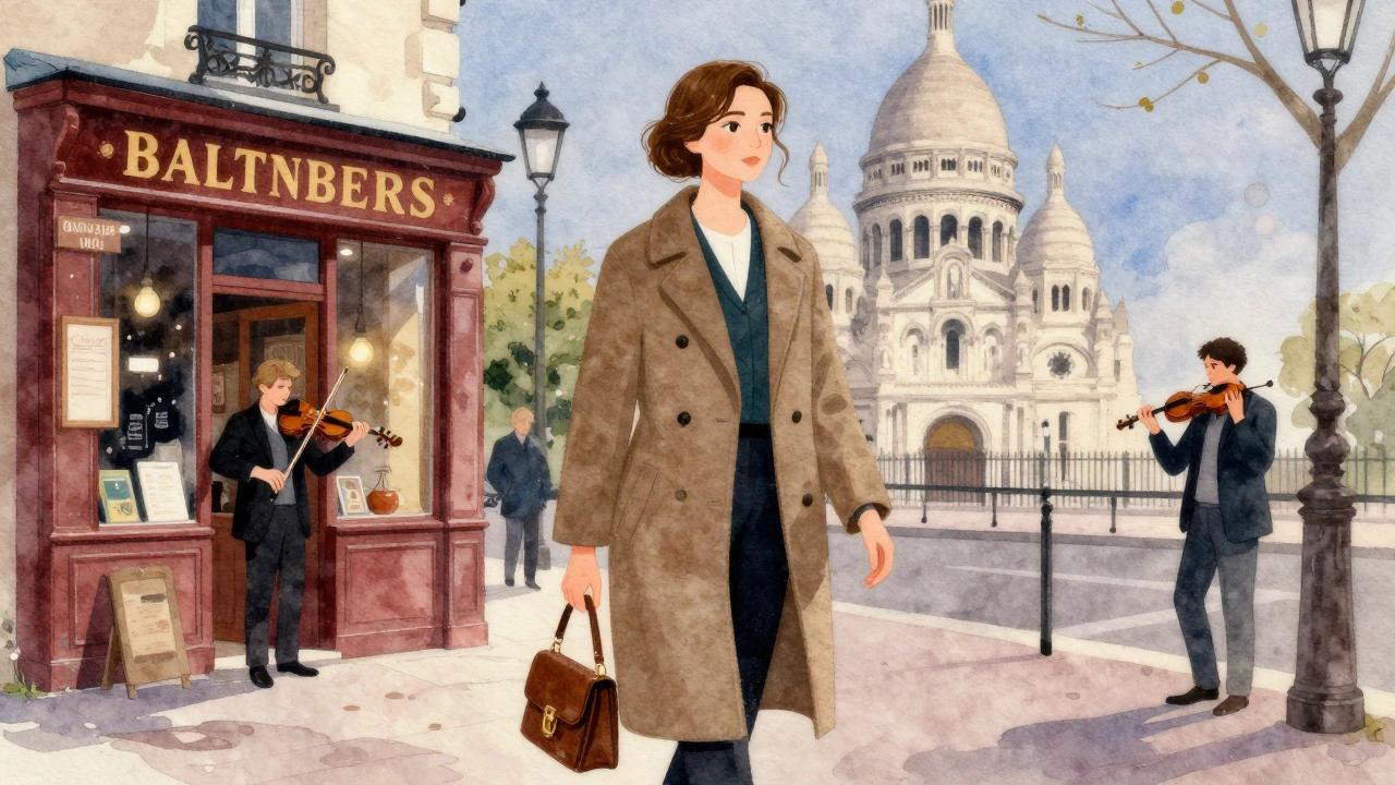 A woman walking through Montmartre at dusk, surrounded by Parisian charm and quiet street life.