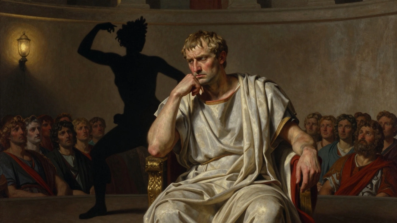 Cicero in the front row of a Roman theater, watching Lycoris mock his posture with sharp, satirical mime gestures.